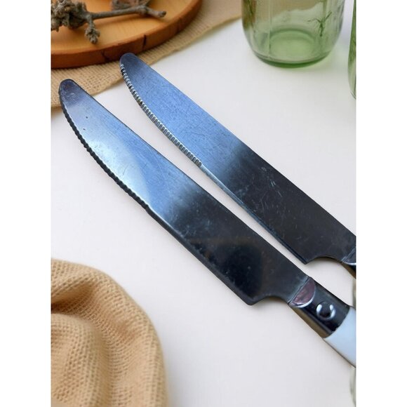 Vintage White Plastic Handle Flatware Set – 14 Pc Stainless Steel Rustic Cabin C - Picture 7 of 12